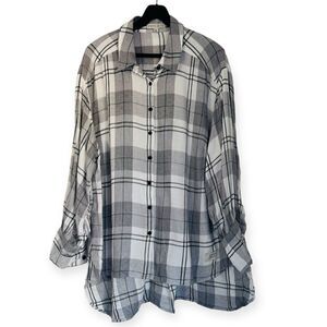 Frye & Co. Gray Plaid Flannel Button Down Hi Lo Shirt Size 2X